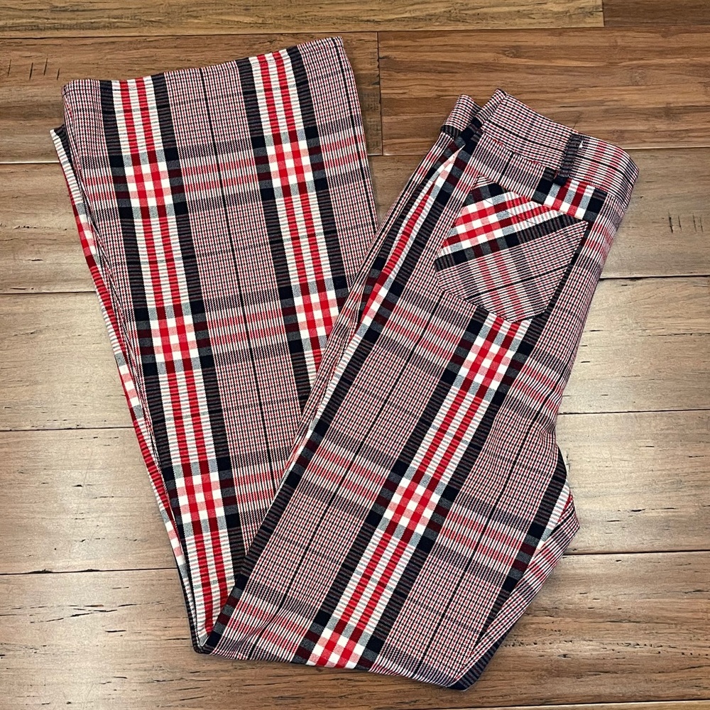 High-Waisted Plaid Bell-Bottom Trousers